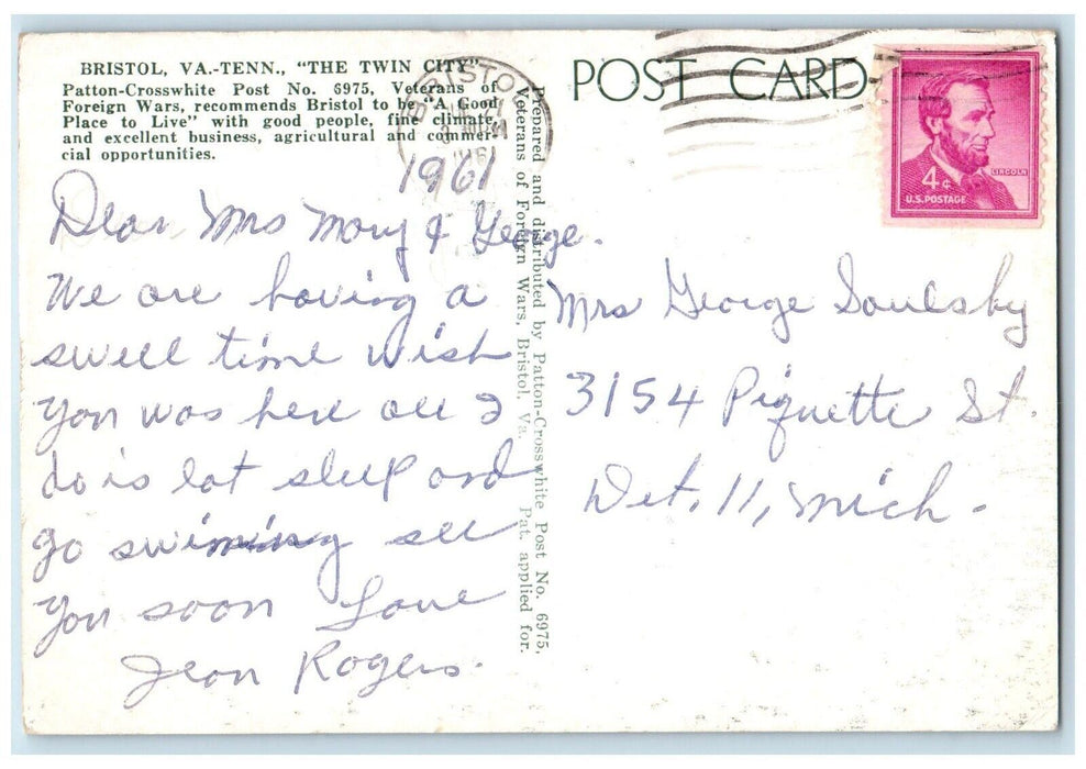 1961 Ass, Mountaineer in Virginia The Twin City Bristol VA-TN Postcard