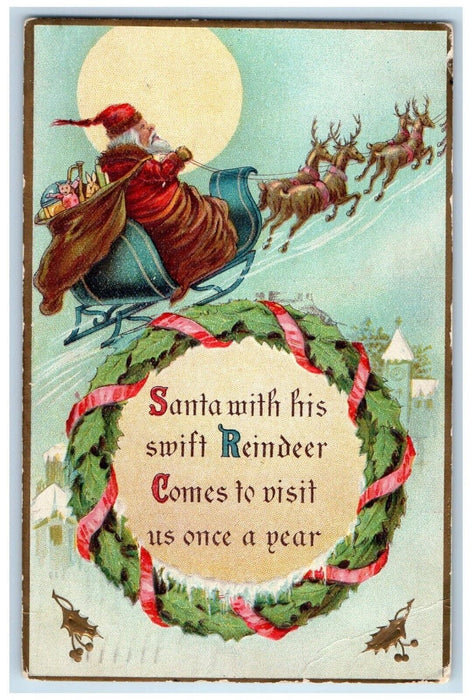 1910 Christmas Santa Claus Reindeer Wreathe Sled With Toys Embossed Postcard