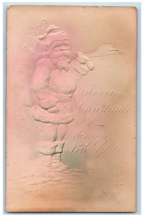 Christmas Santa Claus And Happy New Year Airbrushed Embossed Antique Postcard