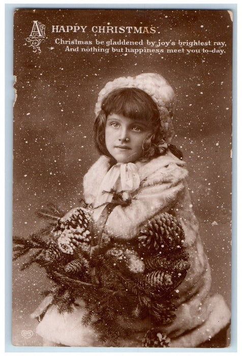 Christmas Pretty Girl Studio Portrait Pinecone RPPC Photo Antique Postcard