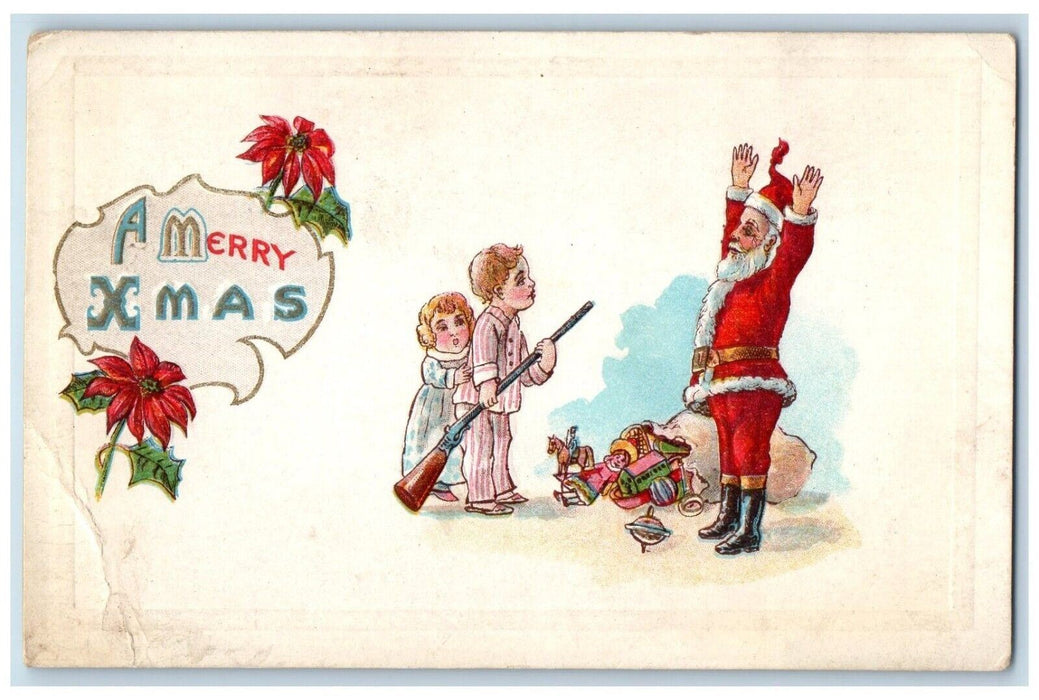 1918 Christmas Boy Girl Rifle Santa Claus Hands Up Poinsettia Flowers Postcard