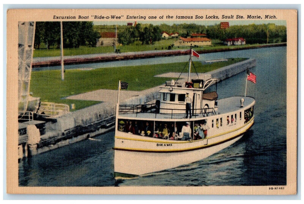 1953 Excursion Boat Bide A Wee Entering Soo Locks Sault Ste. Marie MI Postcard