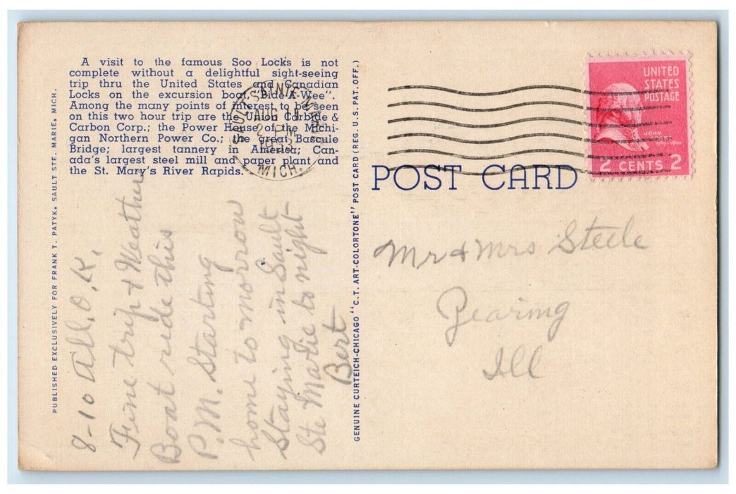 1953 Excursion Boat Bide A Wee Entering Soo Locks Sault Ste. Marie MI Postcard