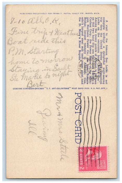 1953 Excursion Boat Bide A Wee Entering Soo Locks Sault Ste. Marie MI Postcard