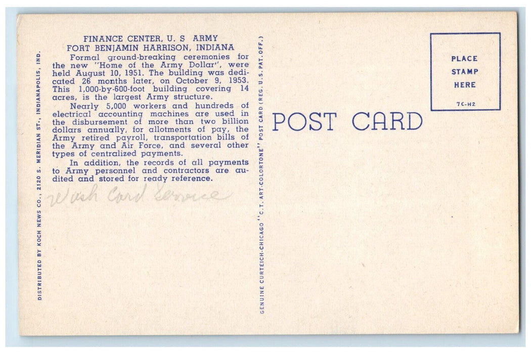 c1940's Finance Center US Army Fort Benjamin Harrison Indiana IN Postcard