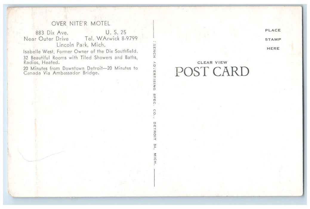 c1940's Over Nite'R Motel 883 Dix Ave. US 25 Lincoln Park MI Vintage Postcard
