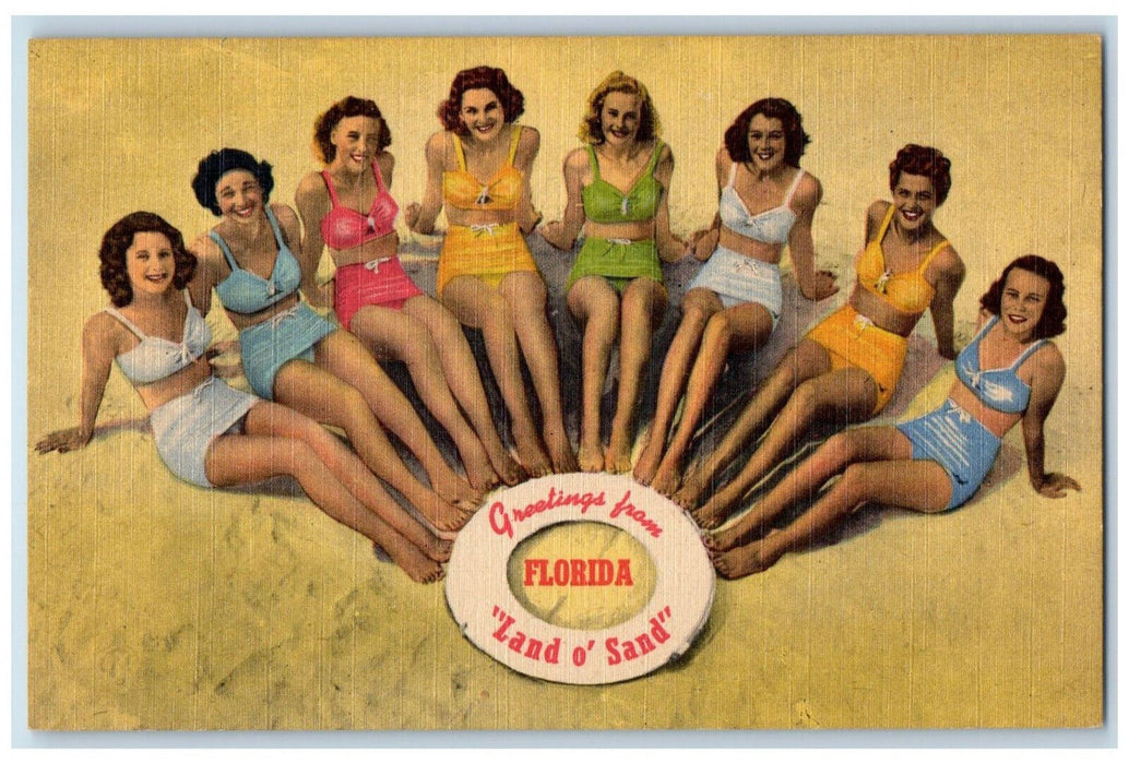 c1940's 8 Girls in Swimsuit Greetings from Florida "Land o' Sand" Postcard
