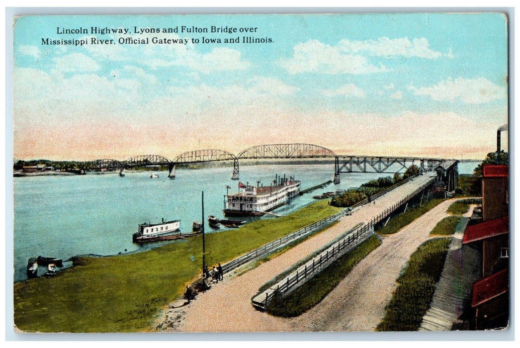 Lincoln Highway Lyons Fulton Bridge Mississippi River To Iowa And IL Postcard