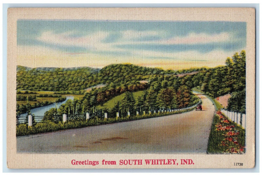 c1940's Road Scene, Greetings from South Whitley Indiana IN Unposted Postcard