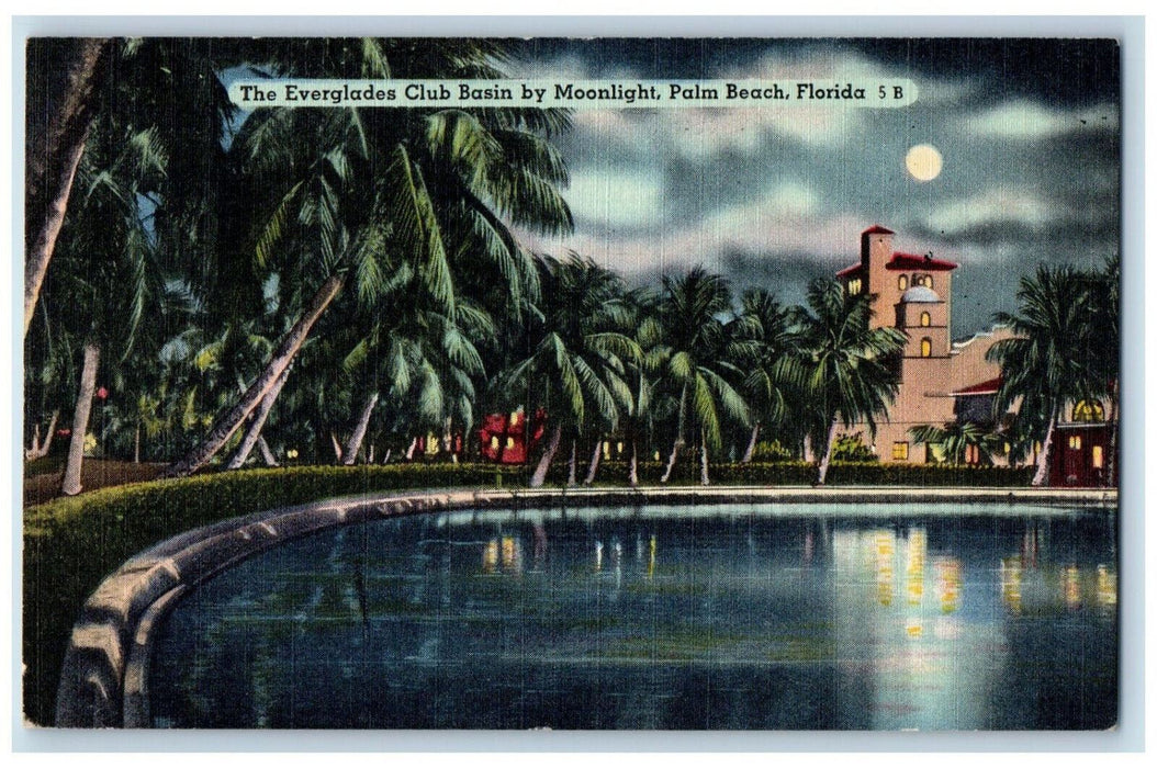 1957 The Everglades Club Basin By Moonlight Palm Beach Florida FL Postcard