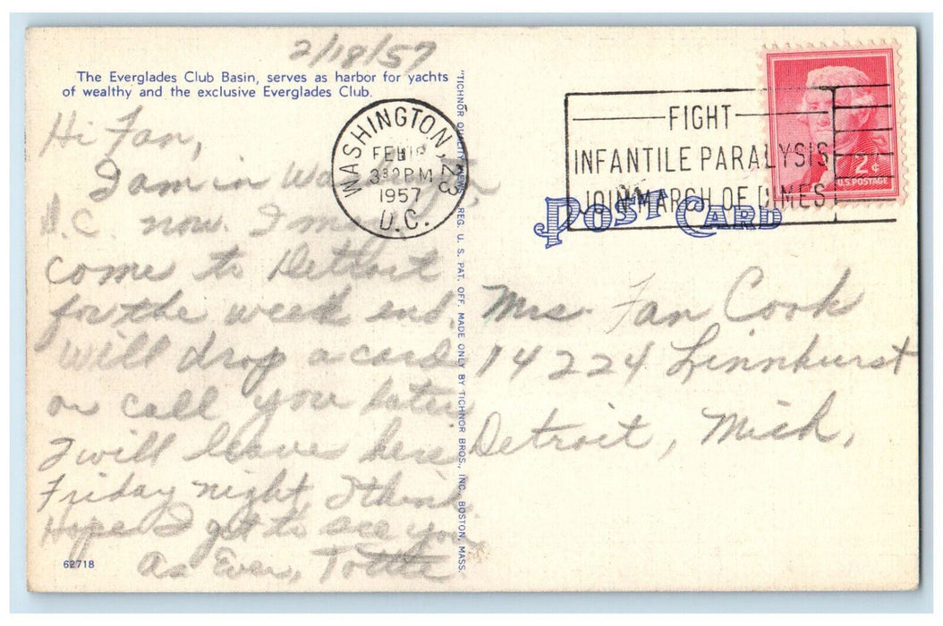 1957 The Everglades Club Basin By Moonlight Palm Beach Florida FL Postcard