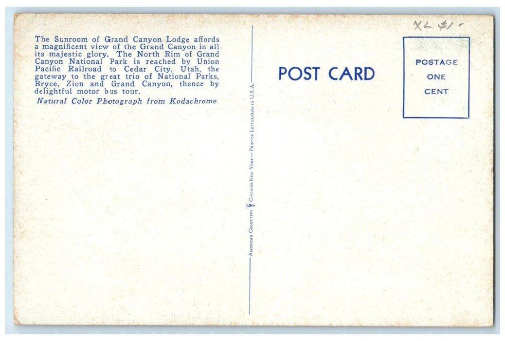 Sunroom Of Grand Canyon Lodge Interior Union Pacific R.R. Cedar City UT Postcard