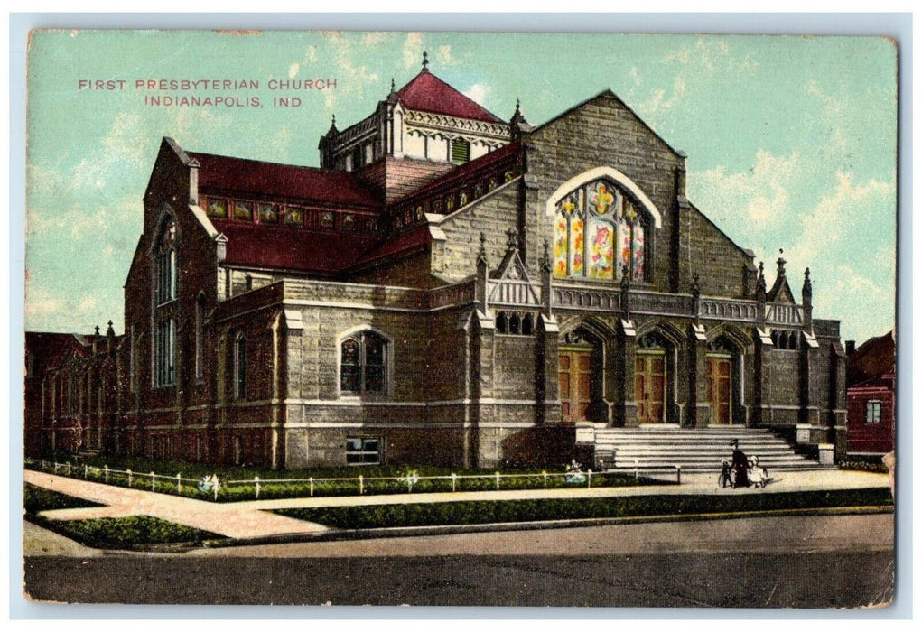 1910 First Presbyterian Church Street View Indianapolis Indiana IN Postcard