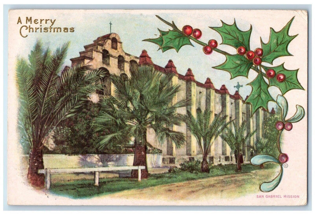 1937 Christmas Greetings Holly San Gabriel Mission Building Embossed Postcard