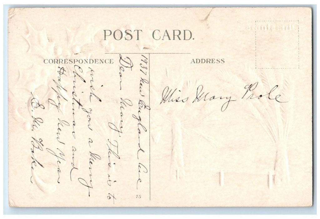 1937 Christmas Greetings Holly San Gabriel Mission Building Embossed Postcard