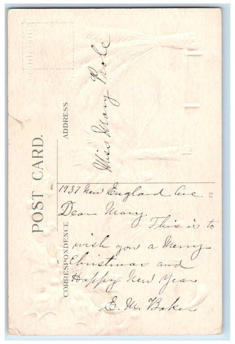 1937 Christmas Greetings Holly San Gabriel Mission Building Embossed Postcard