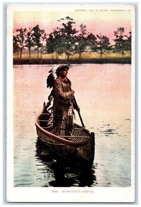 c1905 Hiawatha's Arrival Native American Canoe Boat Detroit Antique Postcard