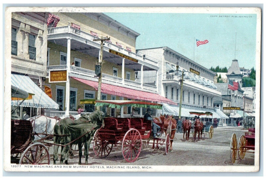 1910 New Mackinac And New Murray Hotels Mackinac Island MI Phostint Postcard