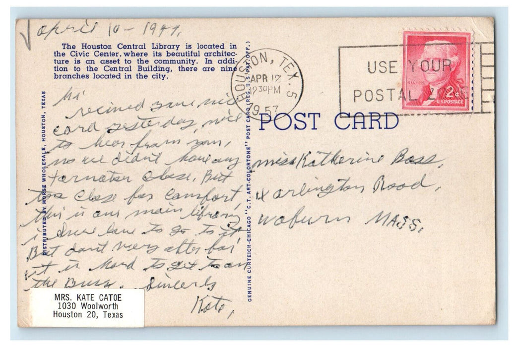1957 The Houston Central Library Houston Texas TX Vintage Posted Postcard