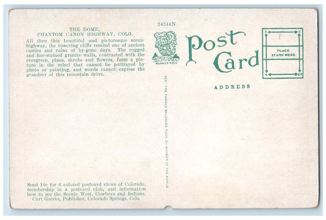 c1920's Dome Phantom Canon Highway Mountain Drive Cliffs Colorado CO Postcard
