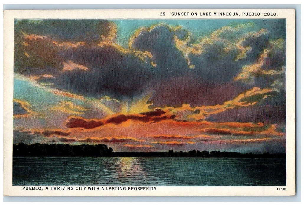 c1920's Thriving City Prosperity Sunset Lake Minnequa Pueblo Colorado Postcard