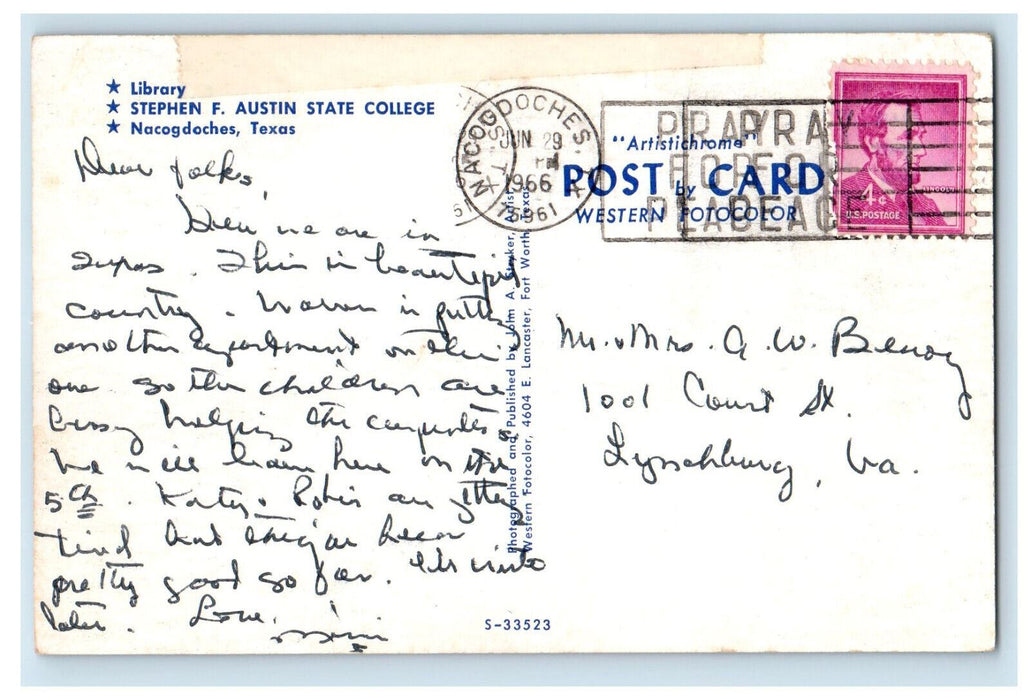 1966 Library, Stephen F Austin State College, Nacogdoches TX Postcard