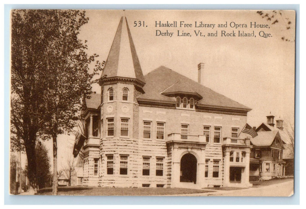 c1940's Haskell Free Library and Opera House, Vermont and Quebec Postcard