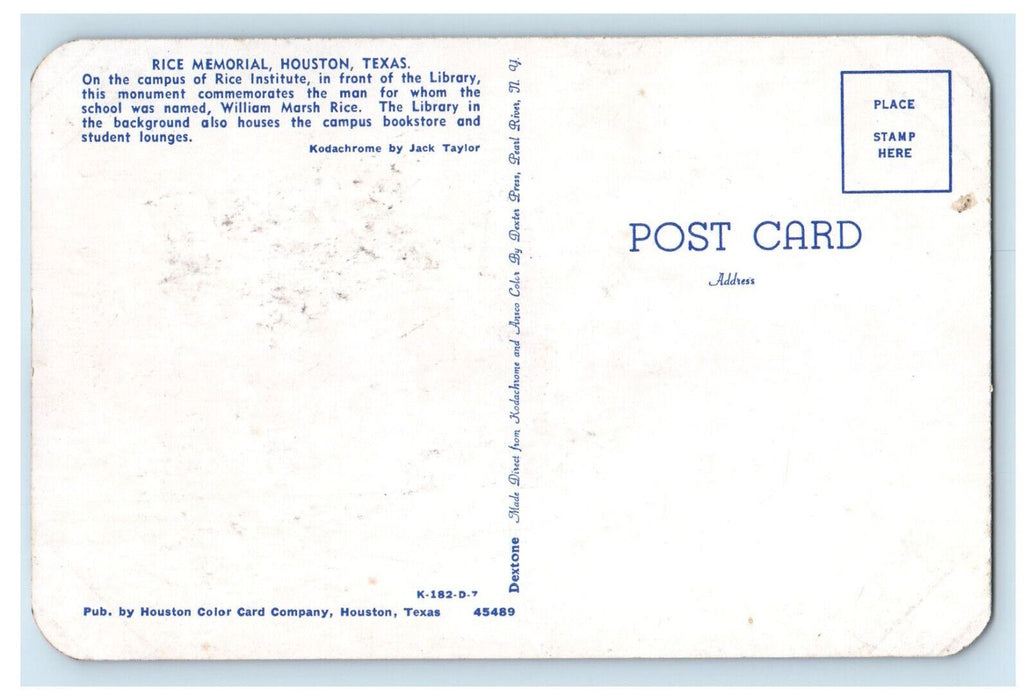 c1950's William Rice Statue, Rice Memorial Houston Texas TX Postcard