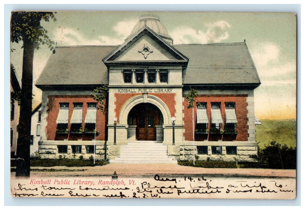 1906 Kimball Public Library Randolph Vermont VT Antique Posted Postcard