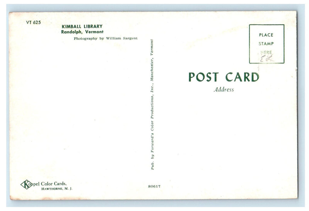 c1960's Kimball Library, Randolph Vermont VT Vintage Unposted Postcard
