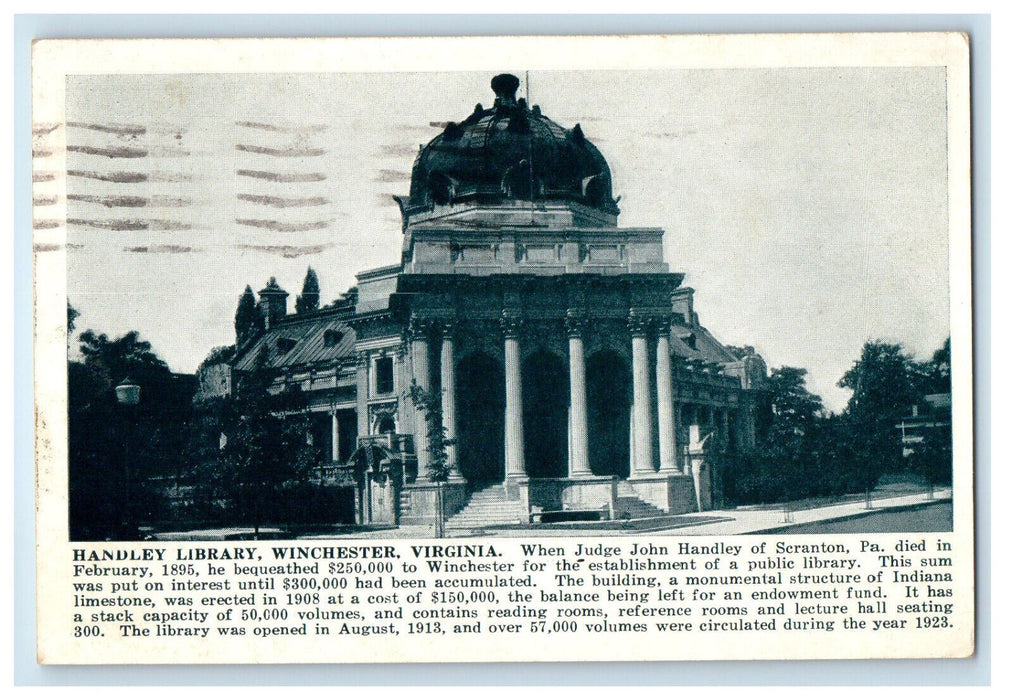 1925 Entrance to Handley Library Winchester Virginia VA Vintage Postcard