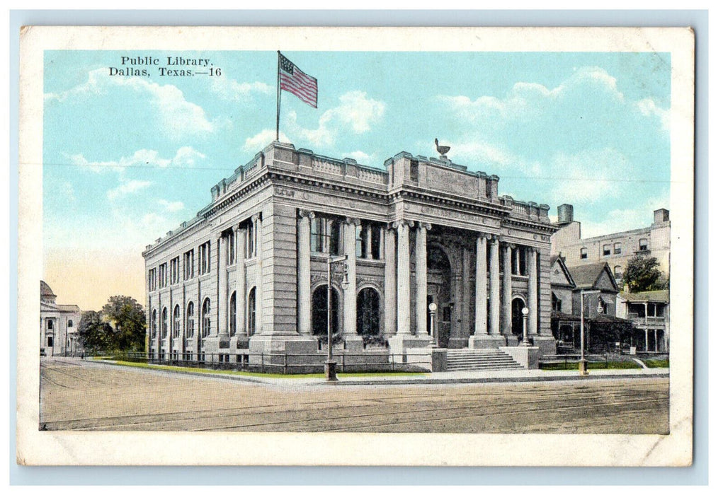 c1920's US Flag, Street Lights, Road at Public Library Dallas Texas TX Postcard