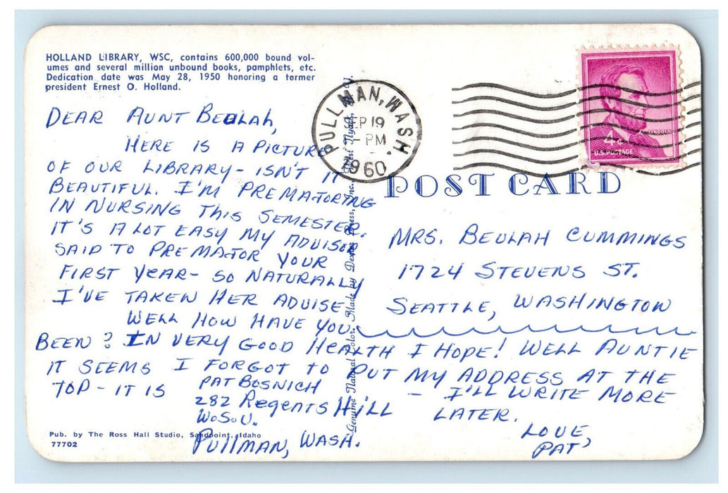 1960 Holland Library WSC Pullman Washington WA Vintage Posted Postcard