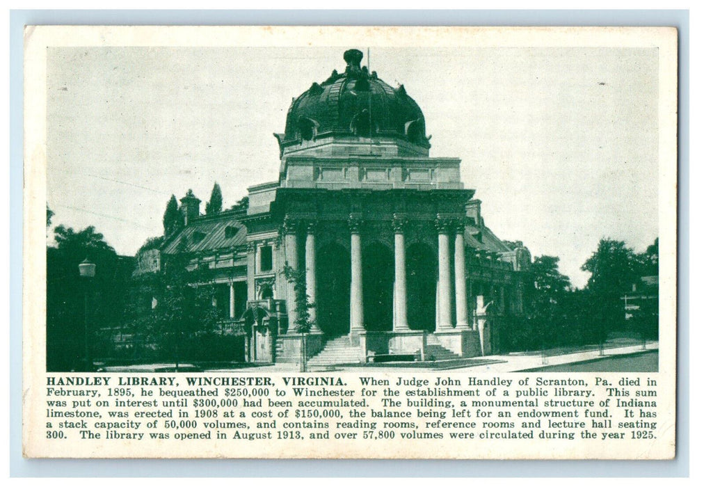 1929 Handley Library Winchester Virginia VA Shenandoah Publishing Postcard