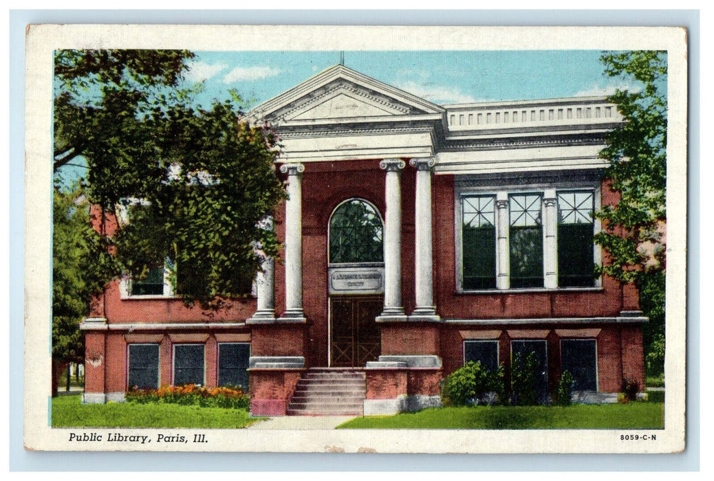 1947 Stairway, Entrance to Public Library Paris  Illinois IL Posted Postcard