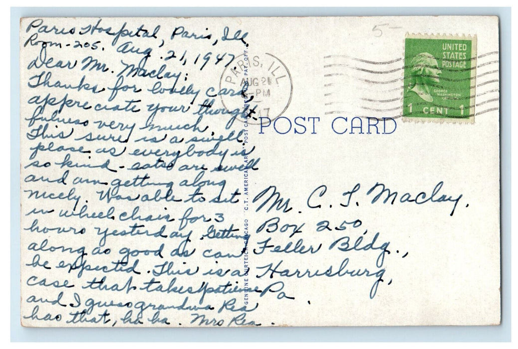 1947 Stairway, Entrance to Public Library Paris  Illinois IL Posted Postcard