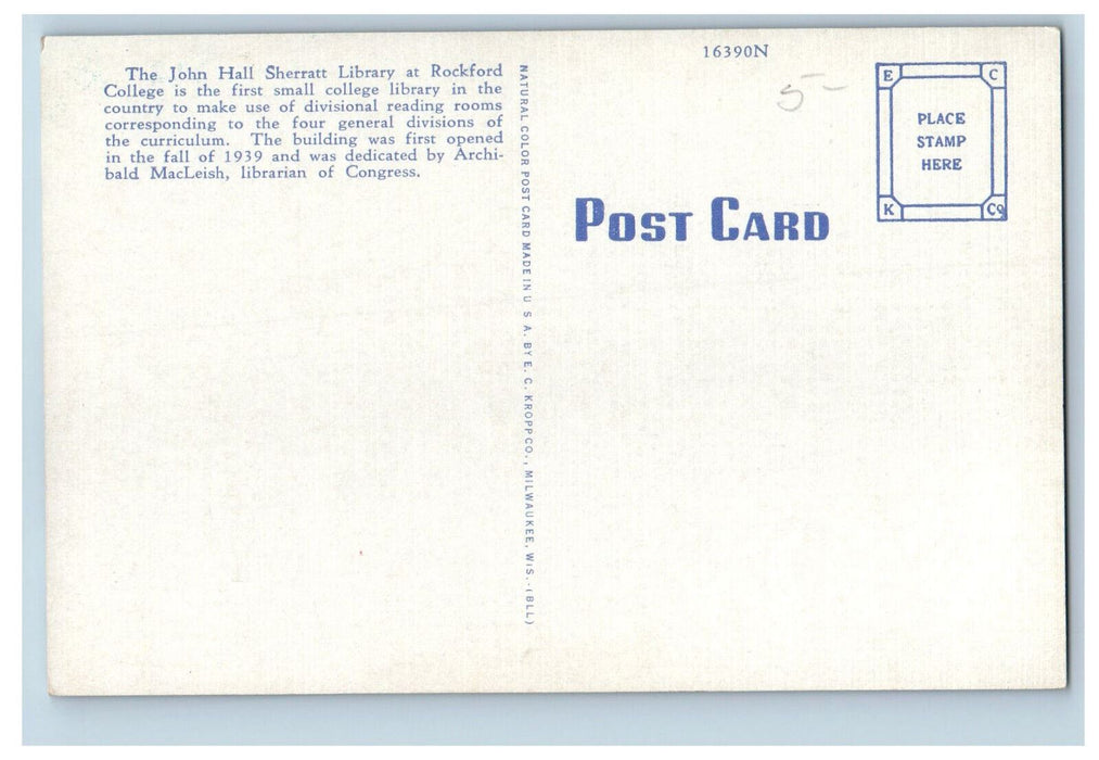 c1940s John Hall Sherratt Library Rockford College Rockford IL Unposted Postcard
