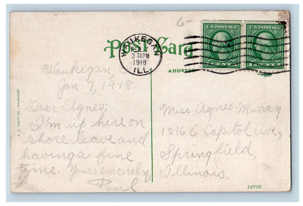 1918 Entrance to Public Library Waukegan Illinois IL Posted Antique Postcard
