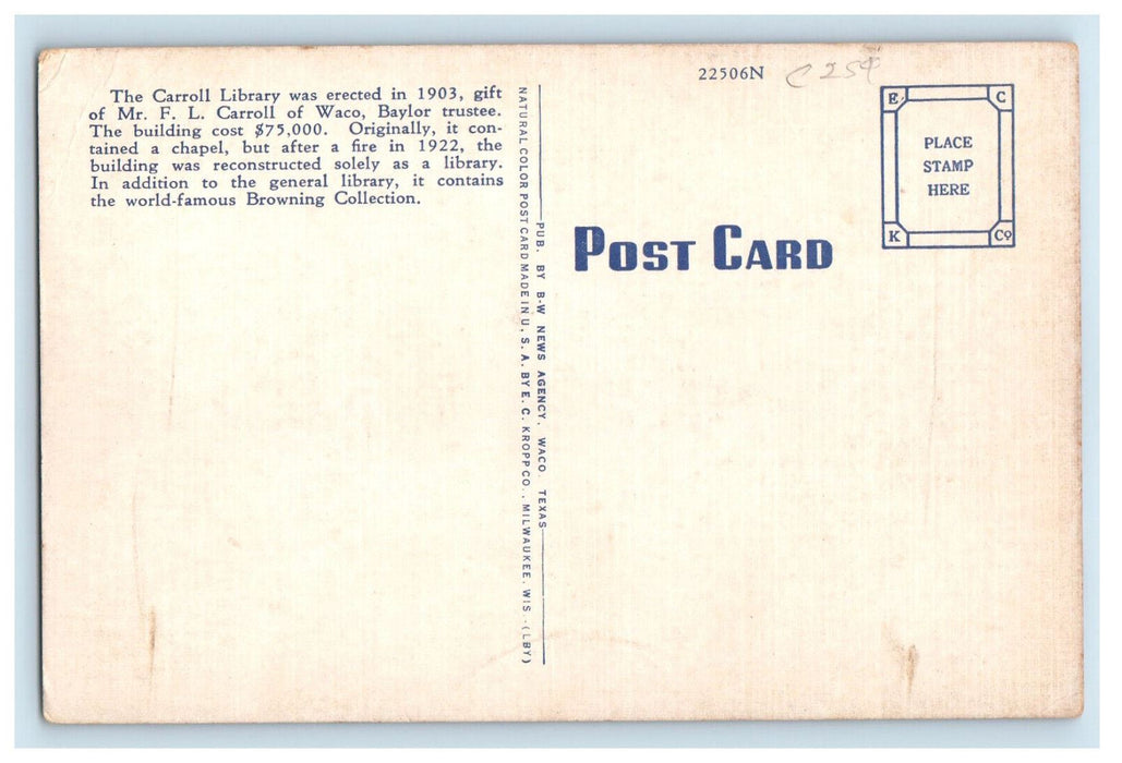 c1950's Entrance to FL Carroll Library Baylor University Waco Texas TX Postcard