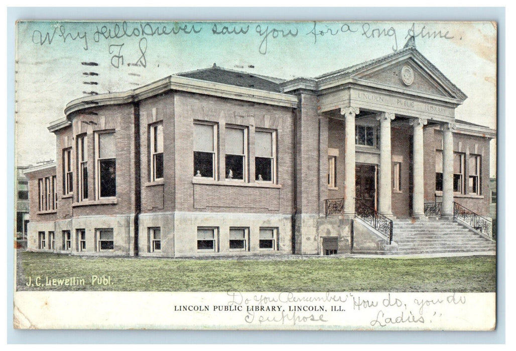 1908 Lincoln Public Library Lincoln Illinois IL Antique Posted Postcard
