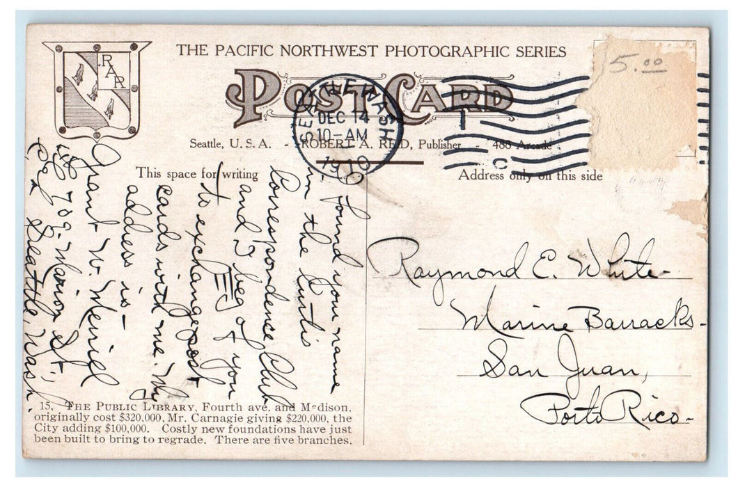 1910 Seattle Public Library, Fourth Ave and Madison, Seattle WA Postcard