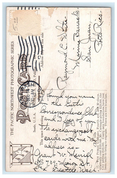1910 Seattle Public Library, Fourth Ave and Madison, Seattle WA Postcard