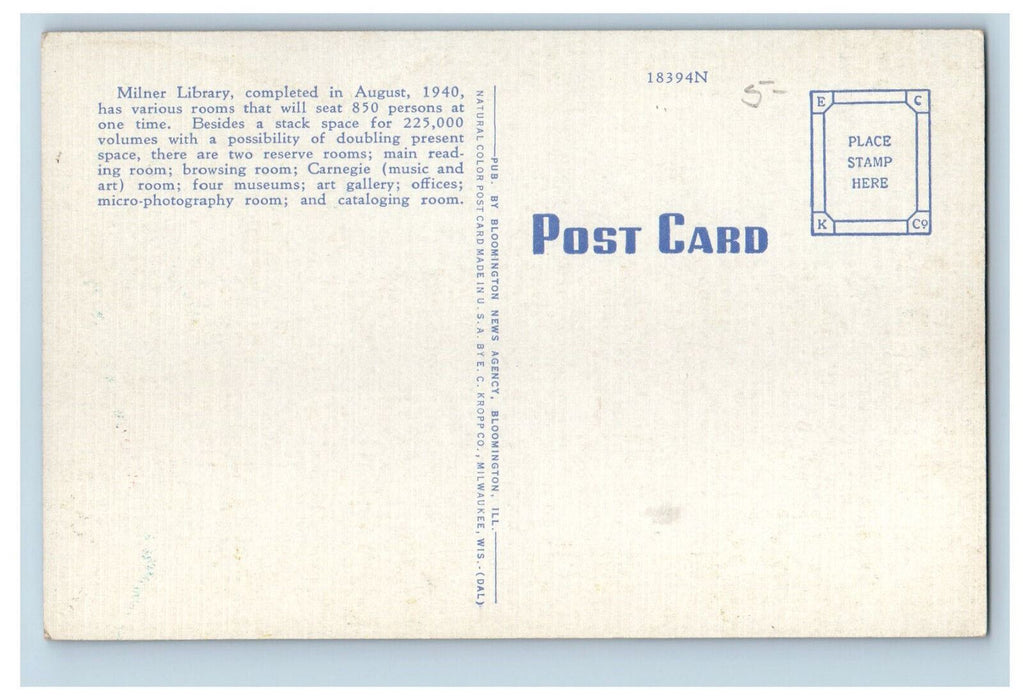 c1940's Milner Library Illinois State Normal University Normal IL Postcard