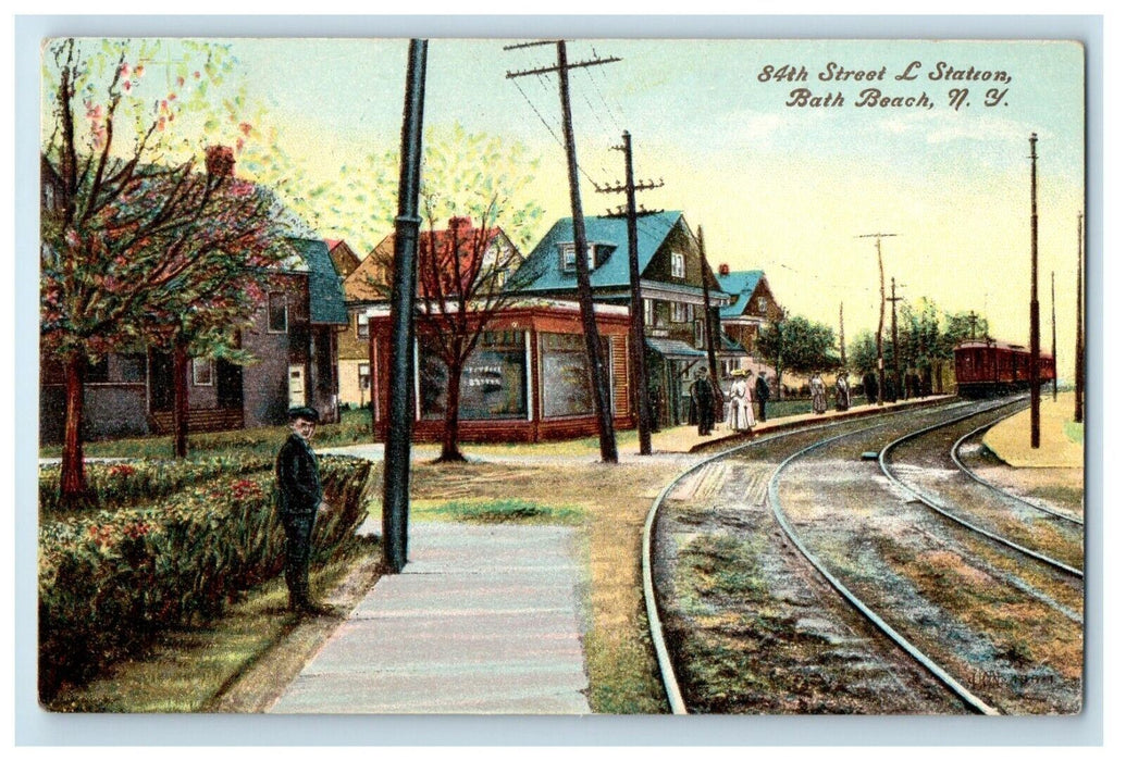 1908 34th Street L Station Depot Railroad Train Bath Beach New York NY Postcard