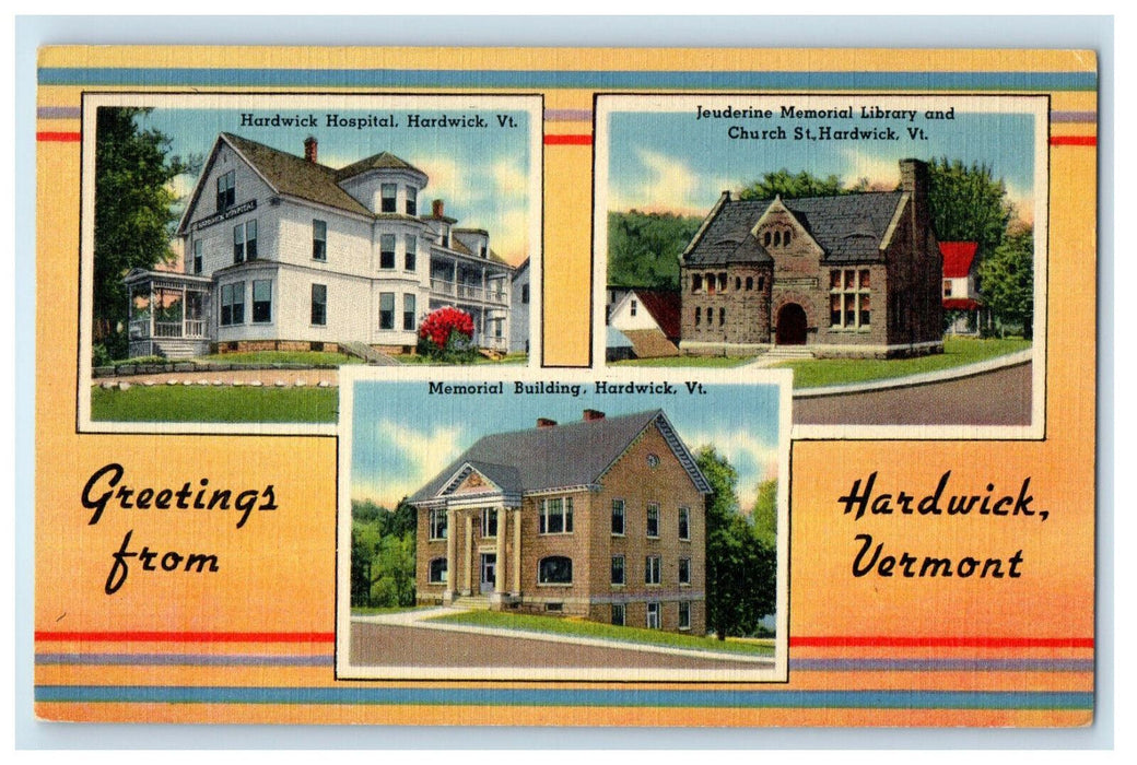 1943 Colorful Lines, Multiview, Greetings from Hardwick Vermont VT Postcard