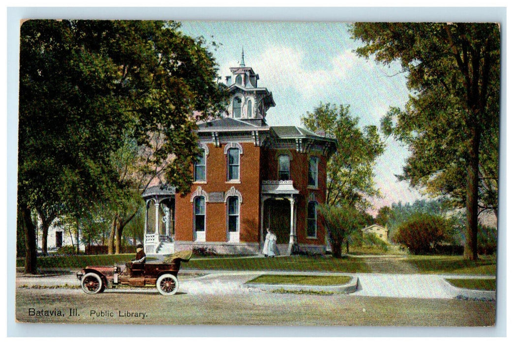 c1910 Car Passing Public Library Batavia Illinois IL Antique Postcard