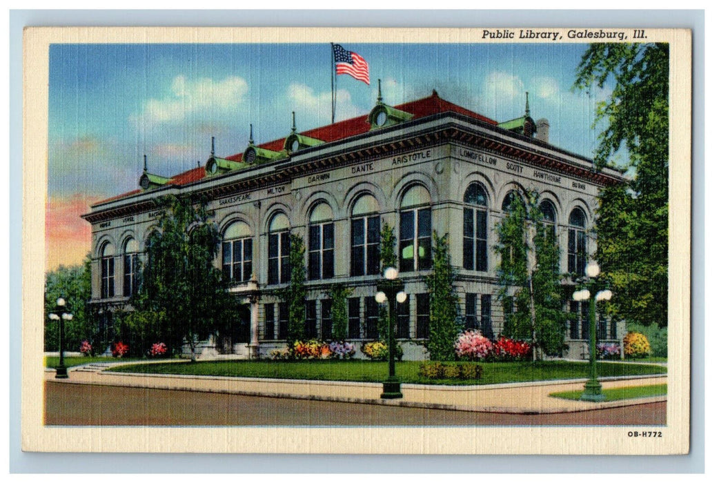 c1940's Flowers, US Flag, Street Lights Public Library Galesburg IL Postcard