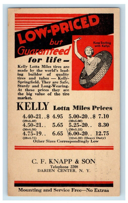 C.F. Knapp & Son Tires Advertising Darien Center New York NY Unposted Postcard