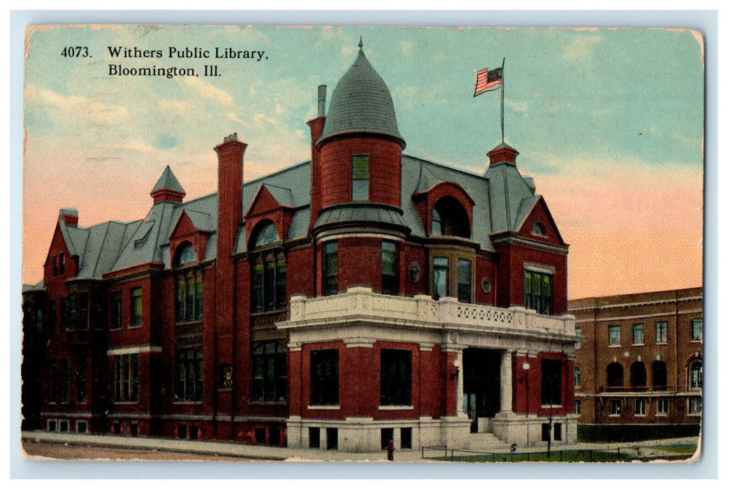 1914 Withers Public Library Bloomington Illinois IL Antique Postcard