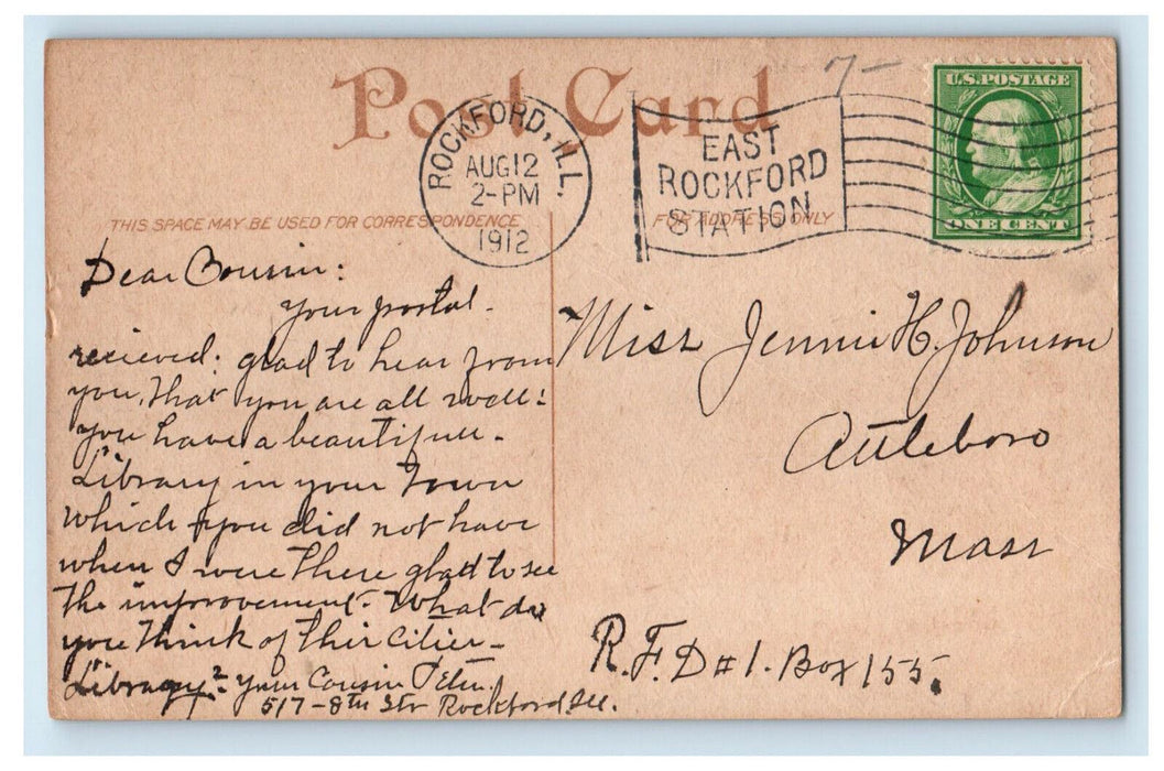 1912 Public Library Rockford Illinois IL Antique Posted Postcard